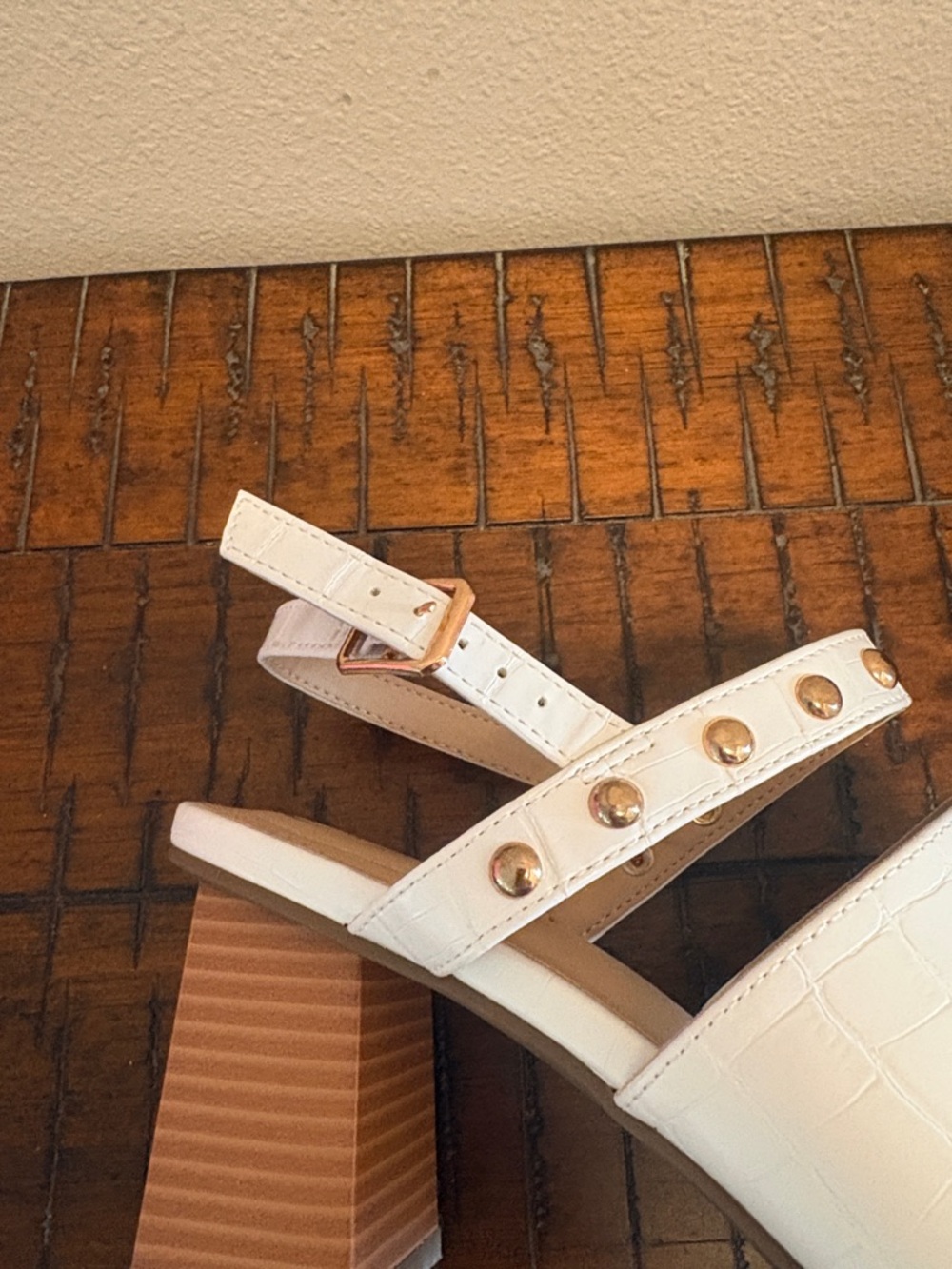 Cato White Croc-Embossed Studded Block Heel Sandals - Picture 7 of 9